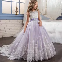 Girl's Dresses 2022 Princess Lace Flower Girl Dress For Wedding Bow Knot Sash Appliques Long Children Party Plus Size Floor Length