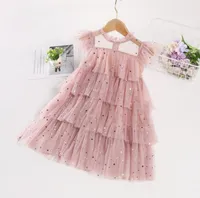 Sweet Girls star sequins gauze dresses summer kids lace falbala fly sleeve tiered tulle cake dress children princess clothings