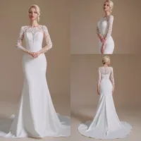 Elegant Sheer Long Sleeves Lace Mermaid Wedding Dress Tulle Lace Applique Beaded Sweep Train Bridal Gowns Lumbar Vestidos De Novia CPS1995