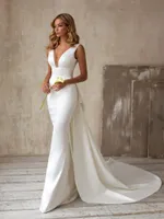 Casual jurken Elegant 2022 Beach Wedding Mermaid V-Neck Sweep Train Satin Backless Boho jurk bruidsjurk Vestido de noivacasual