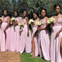 New A line Chiffon Blush Pink Bridesmaid Dresses African Black Girl Party Prom Dresses Long Cheap Split Front Wedding guest Dress243f