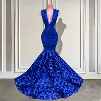 Elegant Mermaid Style V-Neck Ärmlös 3D Rose Sparkly Sequined Black Girls Royal Blue Long Prom Dress 2022 Gala kappor