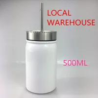 US Warehouse 500ml Sublimation White Mason Jar Tumbler Stainless Steel Double Wall Mason Insulated Vacuum Water Milk Bottle with Straw