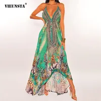 Vieunsta Yaz Bohemia Retro Sleeless Vneck Seksi Ulusal Stil Backles Uzun Etek Baskı Sling Düzensiz Salıncak Elbise 220527