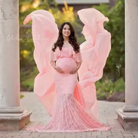 PO Vurma için Dantel Annelik Elbise Uzun Maxi Kıyafeti Akşam Gebelik Elbise Köylü Sahne Hamile Kadınlar Bebek Duş Elbise 220422