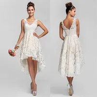 A Line V Neck Cheap Bridesmaid Dresses Charming Lace High Low Beach Garden Ivory Custom Made Short Wedding Dresses High Qualit299q