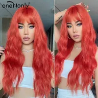 onenonly Long Body Wave Orange Red Synthetic Pruiken voor vrouwen Natural Party Cosplay Wig Heat Ristant Hair