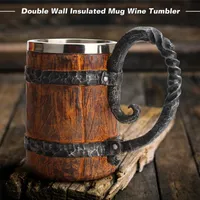 500 ml Style de bois viking comme simulation cadeau de Noël en bois tasse de bière de bière double mur à boisson métallique isolée 220727