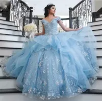 Принцесса светло -голубые платья Quinceanera Ball Gown с плеч Appliques мексиканские девушки сладкие 15 платье для вечеринки по случаю дня рождения с корсетом