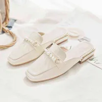 NXY Women Slippers Net Red Half Slippers Women Summer Fashion Wear Sandals 2022 New Baotou Thick Heel Pearl 220623