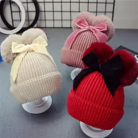 9styles Double Fur Ball Bow Hats Baby Pom Beanie Cap Ganie Niños Niños Baby Girl Winter Winter Crochet Cabellado Accesorios de sombrero Caps238a