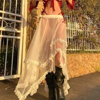 Юбки Y2K Fairycore Grunge Lace Fril плиссированная юбка Bohemian Beach Holiday See Share Through Cover-Up Retro Streetwear