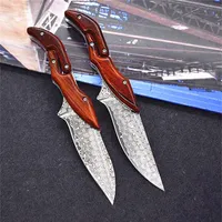 Cuchillo plegable mecánico de Damasco VG10-Damasco Punto de caída de acero Hoja de palo de rosa Manejo EDC Pocket Knives233p
