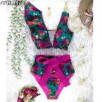 Bikini floral gekräuselt Bikini Set Women vneck hohe Taille zweiteilige Badeanzug Girl Beach Badeanzug Badekleidung Biquinis 210322