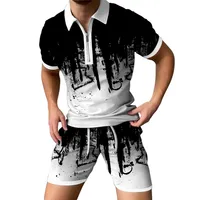 Summer Polo Ensembles Hommes décontractés Sports 2 pièces Running Fitness Fitness 3D Print Zipper T-shirts Short Clothing Poleras de Hombre 220602