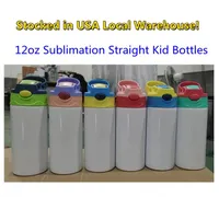 USA Warehouse Sublimation Straight Kid Water Bottles Tumblers Blanks 12oz Sippy Cup Heat Transfer Coated Cartoon Double Wall Rostfritt stål Koppar Koppar Straws Straws Straw
