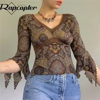 Rapcopter Lace Floral Crop Top Sealthetic Y2K T Shirt Grunge Vintage V Neck Autumn Pullovers Women Harajuku Thirt Tshirt الكورية 220524