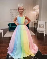 Rainbow Chiffon Little Girl Pageantドレス2022ストラップネックガールズProm Gowns Zipper VバックノースリーブAラインロングキッズフォーマルパーティー誕生日プリンセス2022
