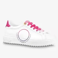2022 LOUISEITY LUXURY MODA MODZIWA TIME OUT Sneaker Mokejki Mężczyźni Buty Kobiet Fuchsia Pink Printed Calf Leather Viutonity Podniesiona