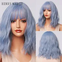 Synthetische Perücken Henry Margu Blue Purple Ombre Bob für Frauen wellige Haare mit Pony Cosplay Party Hitzebestelles Tobi22