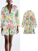 Lässige Kleider Yiloyka 2022 Sommer Frauen mit Gürtel Langarm A-Line Kleiderparty Frauenkausaler Vintage Mode-Outfit drei Farbencasual