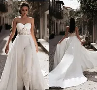 2022 Detachable Train Wedding Dresses Jumpsuits Strapless Lace See Though Top Open Back Court Train Bridal Dress Beach Wedding Gowns Reception B0606G13