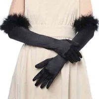Fashion Cuff Feather Satin Elastic Long Full Finger Wedding Dress Gloves Halloween Makeup Party Opera Stage Dames wanten E43 J220719
