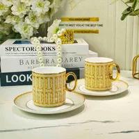 2022 New Style Luxury Mosaic Coffee Cup and Saucer Set with Gold Handel Ceramic Cappuccino Afternoon Tea Cup 2pcs Coffee Mug Set Y220511