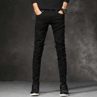 韓国風メンズファッションジーンズストレッチブラックカジュアルカラー鉛筆タイト弾性ズボンストリートウェア狭い