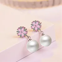 Stud Charm 925 Sterling Silve -oorbellen voor vrouwen prachtige kersenbloesems oorrang luxe roze CZ Crystal Pearl JewelryStud