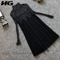 Casual Dresses HG Pleated Lace Dress Fashion Women Full Sleeve Goddess Fan Patchwork Beaded Silk Style 2022 Vinter ZXR1334