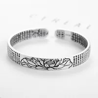 Bangle Vintage Lotus Armband Ethnic Bangles Heart Sutra Armets Ancient Silver Color for Women Jewely Jn6Bangle