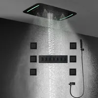バスルームの高級大6つの機能LEDシャワーセット滝の降雨シャワーヘッドシステムのサーモスタット黒蛇口マッサージボディジェット