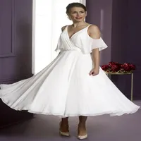 Simple Chiffon A Line Wedding Dresses Deep V Neck Beaded Sash Cheap Bride Gowns Tea Length Short Dress2475
