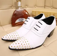 Dress Shoes Christia Bella White Pointed Toe Rivet Male Heighten Oxfords Party Genuine Leather Men&#39;s Brogue Man Lace Up ShoesDress