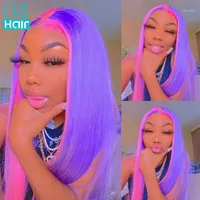 Glueless Straight Lace Front Wig Pink Pink Purple Highlight Preplucked Half Red Blonde Remy Brazilian Human Hair Wigs for Women1257V
