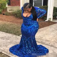 Plus Size Royal Blue Prom Dresses Sequins Long Sleeves Sexy Deep V Neck Mermaid Sweep Train Black Girls Formal Occasion Wear Eveni218Z