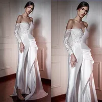 Sexy Sweetheart Wedding Jumpsuit Stain Pleat Tiered Wedding Dress With Modest Style Lace Long Sleeve Bride Gowns Floor Length B0504