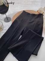 Yitimoky Flare Pants 여성 전면 분할 높은 허리받은 숙녀 바지 스프링 가을 패션 블랙 슈트 사이드 지퍼 220727