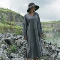 Vestidos casuais nefeilike feminino vestido de linho de algodão v bordado de manga longa 2022 Autono solto Apliques de alta qualidade
