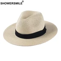 SHOWERSMILE Panama Hat Men Classic Straw Jazz Hat Women Beige Outdoor Casual Hawaiian Ribbon Sun Protection Summer Hat Unisex 220527