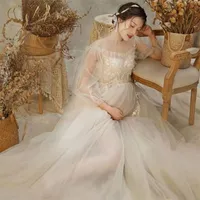 레이스 메쉬 출산 드레스 사진 촬영 요정 흰 자수 꽃 Boho 긴 임신 가운 여자 사진 의상 2166 T2