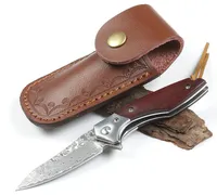Damascuss Flipper Folder Knife VG10 Damascus Steel Blade Rosewood + Steel Head Handle Ball Bearing EDC Pocket Knives With Leather Sheath