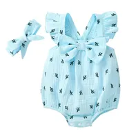 ロンパース夏の赤ちゃん女の子サボテンプリントロンパース+弓ヘッドバンドコットン半袖幼児ボディスーツ