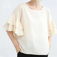 Chemises de chemisiers pour femmes Style Japon Simple Solid Loose Love O-Leck Ruffles Patchwork Short Sleeve Woman Tops 2022 Summer Elegant Blusas M M