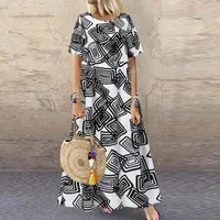 Bohemian Printed Maxi Dress Womens Summer Sundress Casual Short Sleeve Vestidos Female O Neck Robe