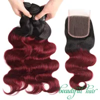Burgundy Brazilian Virgin Body Wave Straight Ombre Human Hair With Lace Closure 1B 99J Hair Bundles With Closure Whole1983