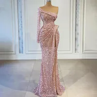 Pink Mermaid High Split Evening Dresses 2021 Luxury Beaded Sequined Elegant Long Sleeve Prom Gowns vestidos246N