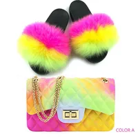 Woman Sandals Purse Handbags Set Jelly Purses Matching Color Luxury Fur Slippers Set Women Real Fox Fur Slides and Bag259H