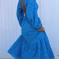 Traf Blue Cutwork Long Dress Women Embroidery Maxi Woman Summer Back Less Less Less Less Less CasualES 220815